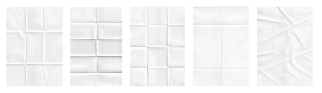 Set of five white folded paper sheet mockups isolated on transparent background, crumpled poster texture effects and blank creased paper overlays for graphic design.