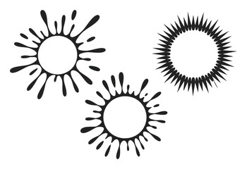 Fototapeta premium Three abstract circular two ink splatters and one spiky sunburst
