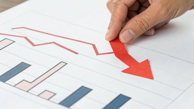 A hand holds a red arrow pointing downward over a financial chart showing declining bar and line graphs.