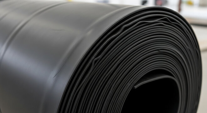 Durable Industrial Black EPDM Rubber Membrane Texture for Waterproofing Protection, Synthetic Rolled Material for Roofing Insulation, Pond Liner Surface, and Construction Sealing Solution
