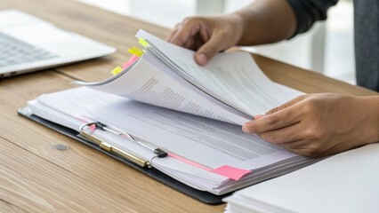 Person reviewing documents in a binder on a wooden desk near a laptop, highlighting organized paperwork and office work environment.