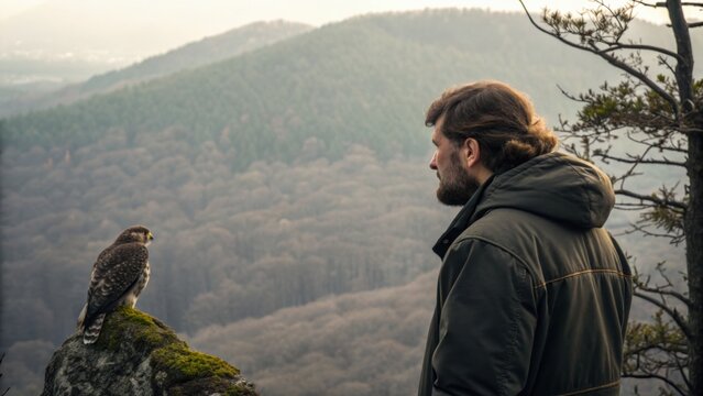 A man in a jacket observes a perched hawk on a rock with a forest and hills in the background, capturing a moment of connection with nature.