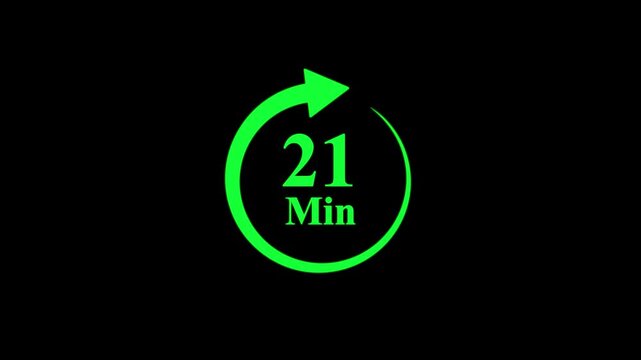 Animated countdown timer displaying 21 minutes with a glowing green circular arrow on a black screen.