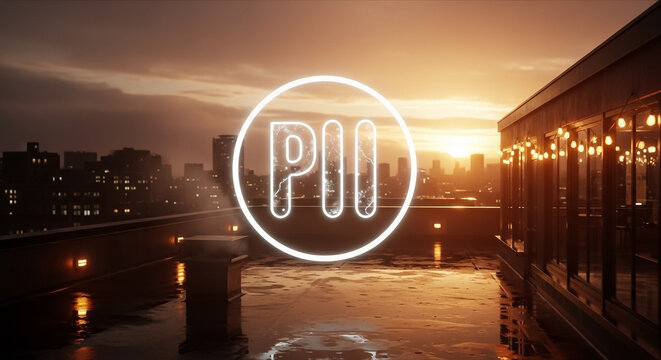 A glowing white circular neon sign displaying the letters PII hovers over a wet rooftop overlooking a cityscape at sunset.