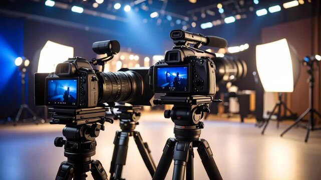 Professional video cameras on tripods in a studio with lighting equipment