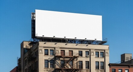 Obraz premium Rooftop billboard blank display ready for advertisement on historic city building against clear sky bright sunny day architectural detail