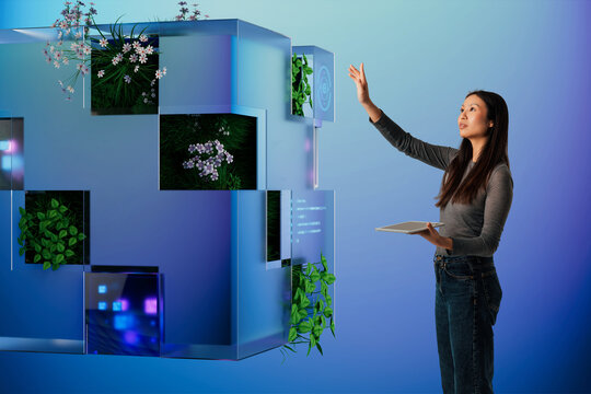 3D Eco Interface Cube with floating panels and indoor plants