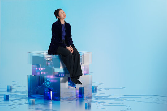 3D Corporate Tech Block as seated leader woman on digital cube
