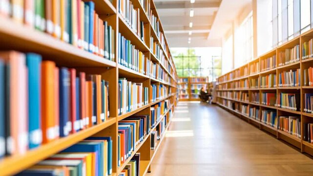 Long aisle of bookshelves filled with colorful books in a library