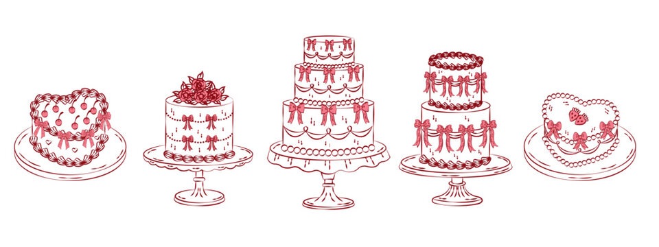 Coquette cakes set in hand drawn vintage doodle style. Whimsical and elegant cakes with ribbons and bows for wedding party.