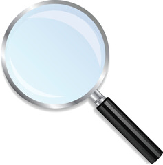 Realistic magnifying glass with silver chrome frame and black handle isolated on transparent background