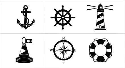 Nautical vector silhouette set with anchor, ship wheel, lighthouse, compass, buoy, lifebuoy icons © artificial_azad!