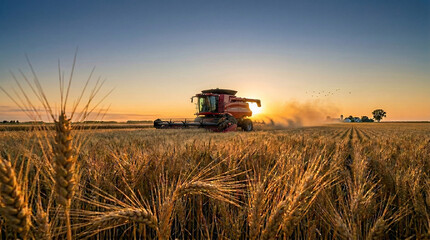 Fototapeta premium Cinematic Panoramic View of Golden Wheat Field at Sunset with Combine Harvester Working in Farm