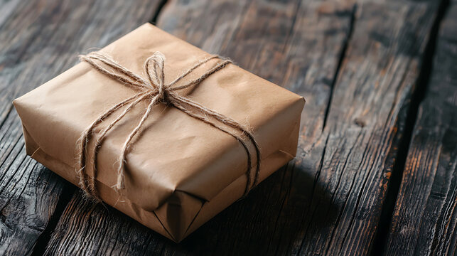 Rustic Gift Box Wrapped in Brown Paper and Twine Minimalist Eco Friendly Packaging or Holiday Gift Concept.