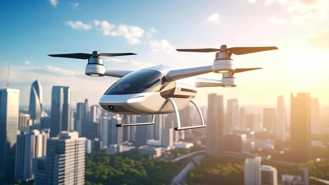 Futuristic personal flying drone transport vehicle soaring above a modern cityscape at sunrise
