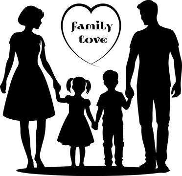 Happy family silhouette with parents and children love concept black vector illustration