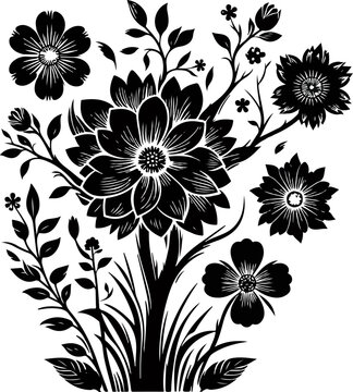 Black and White Floral Tree Vector, Hand Drawn Botanical Garden Flowers and Leaves Illustration