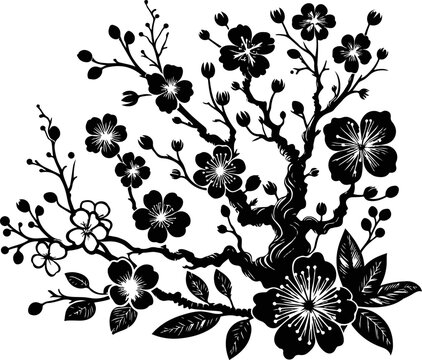 black and white silhouette illustration of a cherry blossom branch