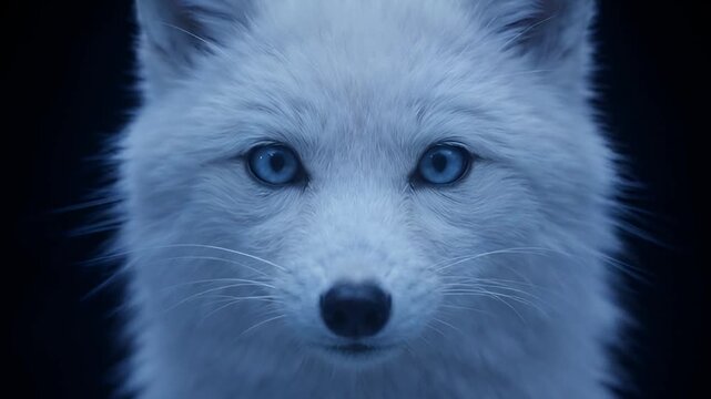 Close up of an Arctic Fox with striking blue eyes in the dark.