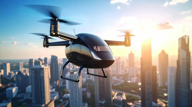 Futuristic autonomous aircraft flies over modern cityscape at sunrise with sun flares