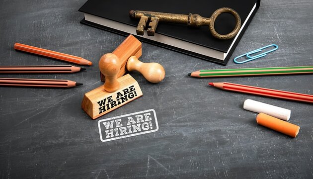 Hiring announcement stamp on chalkboard with pencils, chalk, notebook and vintage key, recruitment and HR concept featuring recruiting, job opening, job vacancy with career and careers elements for