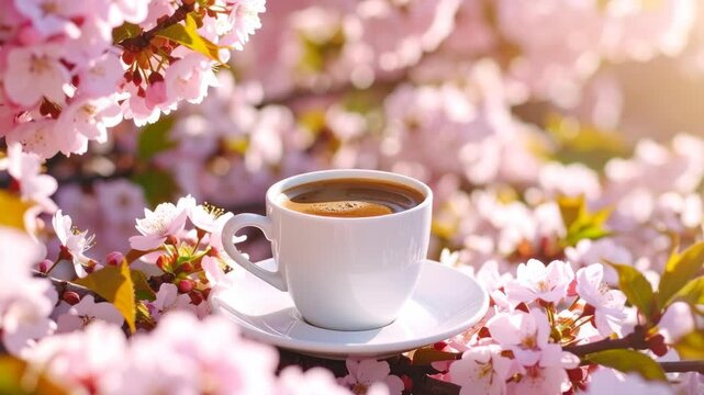 White coffee cup on saucer surrounded by delicate pink cherry blossoms in soft sunlight