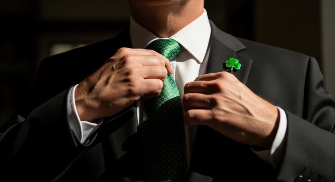 A man in a suit adjusting his green tie
