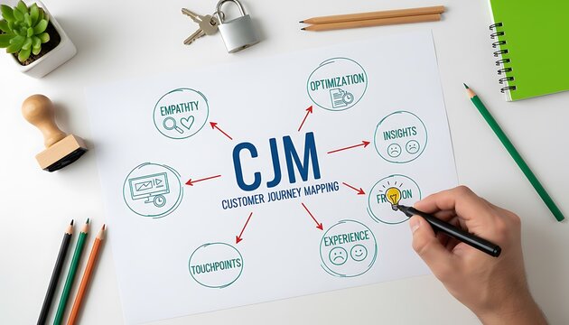 Customer journey mapping CJM diagram on desk with hand drawing icons for insights, empathy, experience, optimization and touchpoints featuring CX, UX, service design with strategy and marketing