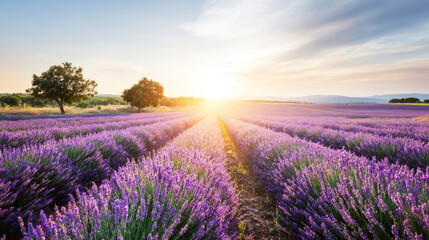 Fototapeta premium Lavender fields showing rows of fragrant purple flowers under a sunny golden sunset sky, indicating growth and summer agriculture