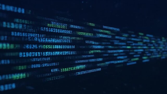 A digital data stream of green and blue numerals on a dark background