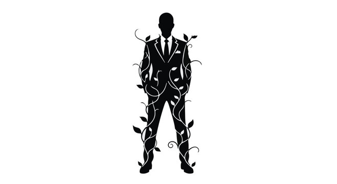 Silhouette of a man in a suit entangled with vines, symbolizing growth and nature's embrace.