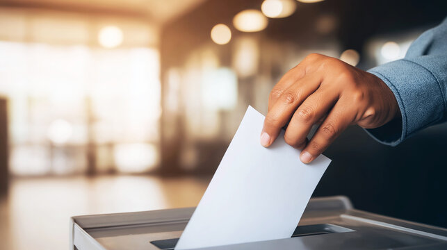 Hand casting a vote, placing ballot into a box, symbolizing democracy, participation, and civic duty during an election