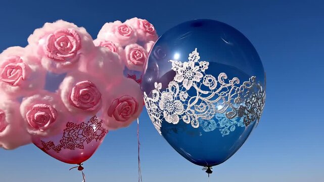 Colorful balloons with intricate designs in clear blue sky. Festive atmosphere captures joy and celebration. These balloons enhance any party or event with elegance.