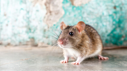 Close up of a small brown rat on a textured surface, with a softly blurred background featuring a worn blue and beige wall