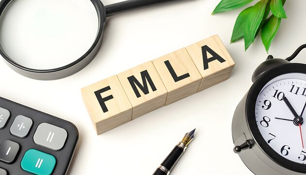 FMLA letter blocks on office desk with alarm clock, magnifying glass and pen, workplace leave and HR compliance concept featuring employee rights, HR, human resources with labor law and employment