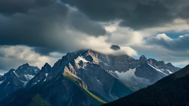 A towering mountain range under a dramatic sky. Clouds swirl around peaks, partly obscuring the rugged landscape. Vegetation lines the slopes