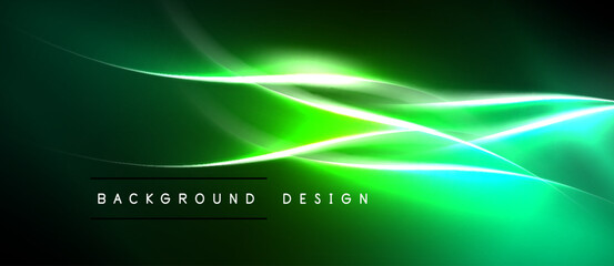 Abstract green background. Flowing lines create dynamic visual effect. Modern design elements suggest energy, motion, technology. © antishock