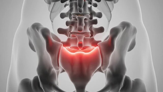 Anatomical illustration of the human sacrum and coccyx highlighted in red, indicating pain or inflammation in the lower back region