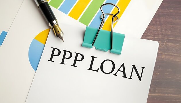 PPP loan paperwork with binder clip and fountain pen on desk, business finance concept with charts and documents featuring Paycheck Protection Program, SBA, government relief with stimulus and