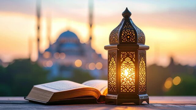 Ornate Islamic lantern glows warmly beside open holy book against mosque silhouette at sunset