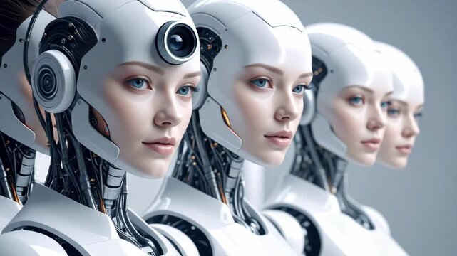 Row of identical futuristic female androids with blue eyes and intricate mechanical neck details