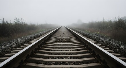 Obraz premium Empty railway tracks disappearing into a foggy horizon on a gloomy day.