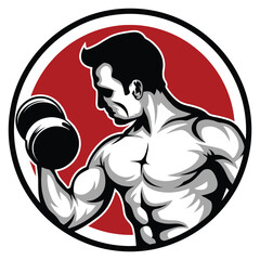 Muscular athlete lifting dumbbell - bold fitness vector illustration