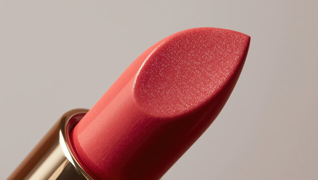Red lipstick close up macro shot showing shimmer texture and metal tube