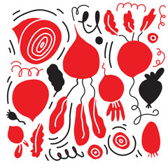 Bold hand drawn vegetable illustration in red and green tones with roots and leafy elements. Flat vector artwork for food packaging, posters, and surface design.