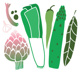 Minimal vegetable set featuring leek, artichoke, and green vegetables in a flat modern style. Vector illustration perfect for food graphics and healthy lifestyle designs.