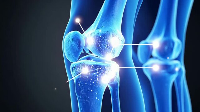 Transparent Blue 3D Human Knee Joint Anatomy with Glowing Points