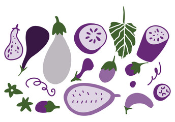Flat hand drawn vegetable set in purple tones featuring sliced and whole vegetables. Decorative vector illustration perfect for food branding, recipes, and packaging design.
