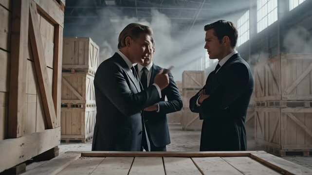Two suited businessmen negotiate inside dim warehouse among stacked wooden crates and shafts of light supplier and buyer discuss contract terms, logistics and covert exchange with dusty industrial
