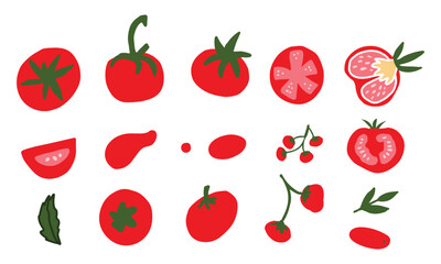Tomato element set with whole fruits, slices, and leaves in flat hand drawn style. Vector illustration ideal for recipes, food packaging, and culinary graphics.